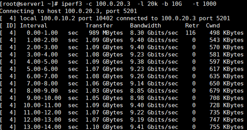 在Server1服务器使用iperf3软件生成TCP/UDP流量